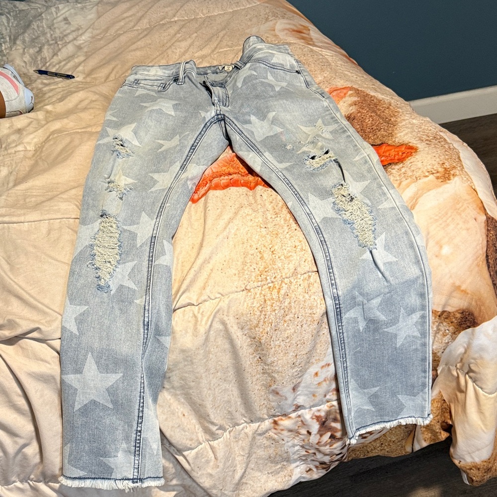 Easel Starry Distressed Light Blue Boyfriend Jeans